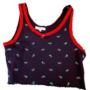 Love & Lazy Days Black Rose Print Crop Tank Top Red Lace Trim‎ Cotton Medium